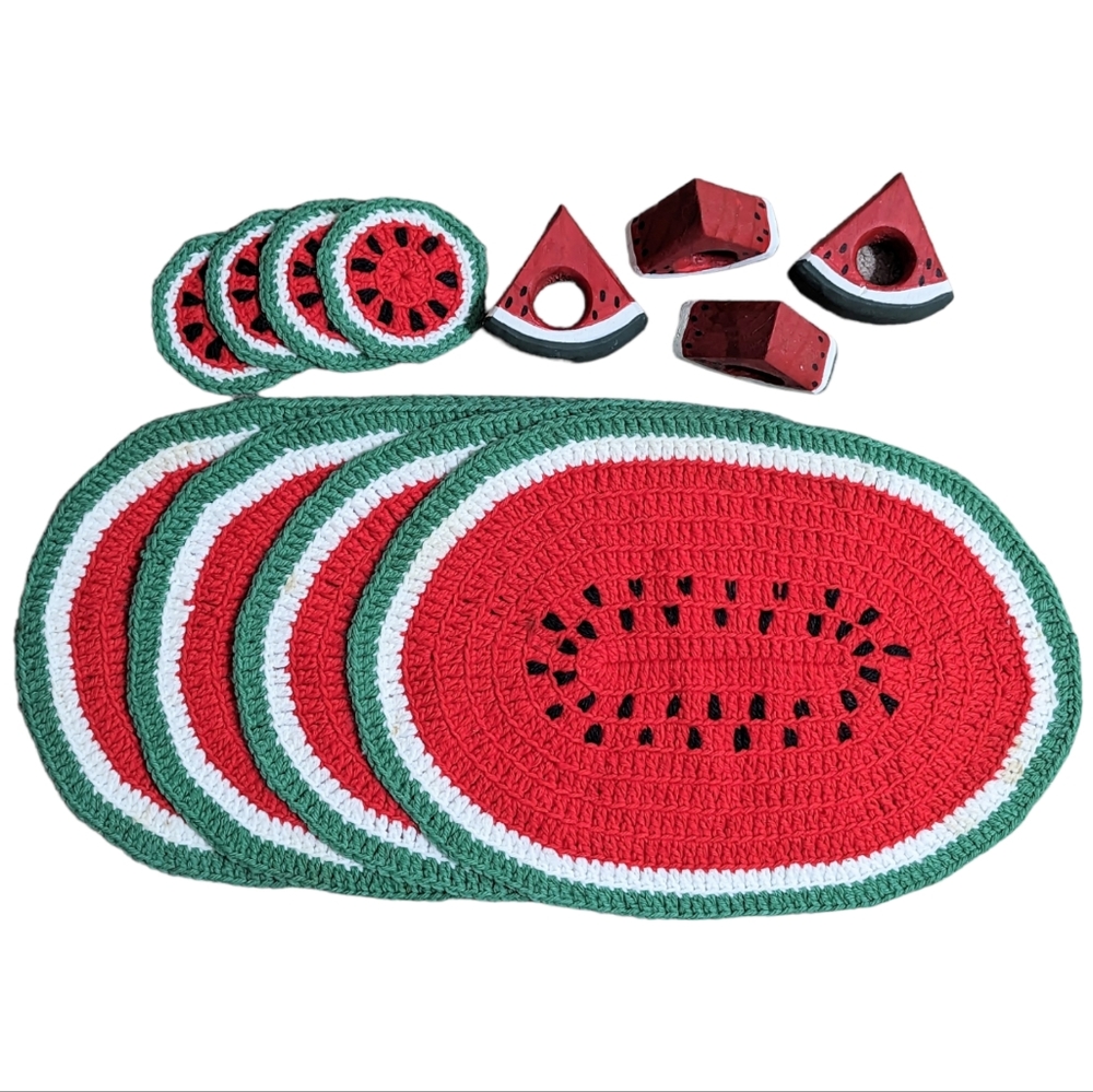 Vintage Crochet Watermelon Placemats, Coasters,& Wooden Napkin Rings